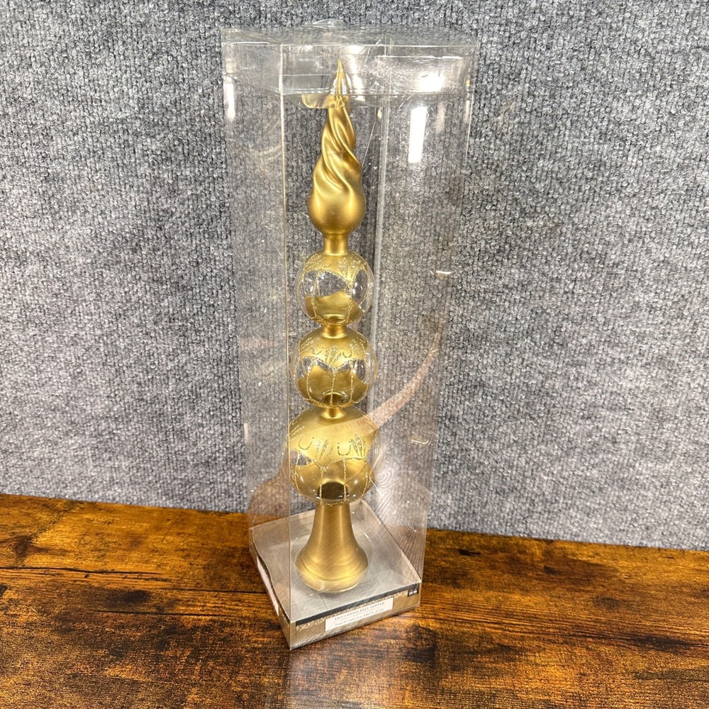 Tree Topper 15 Inch Glass Gold Glitter Tiered Finial Christmas Holiday Decor